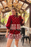 Cider Sipping  Embroidered Top + Short Set - Garnet
