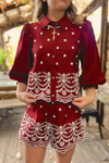 Cider Sipping  Embroidered Top + Short Set - Garnet