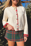 Frosted Plaid Trim Cardigan - Cream/Red