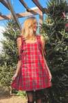 Under The Mistletoe Plaid Bow Sleeve Mini Dress - Red