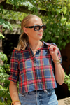 Coffee Break Plaid Cropped Collared Top - Navy