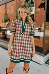 Enid Plaid Scalloped Mini Dress - Taupe/Green