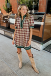 Enid Plaid Scalloped Mini Dress - Taupe/Green