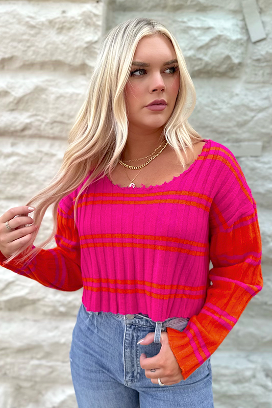 Seriously Striped Crop Sweater -Pink/Orange