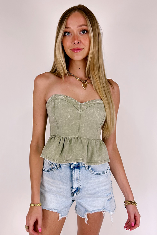 Country Charm Denim Top -Olive