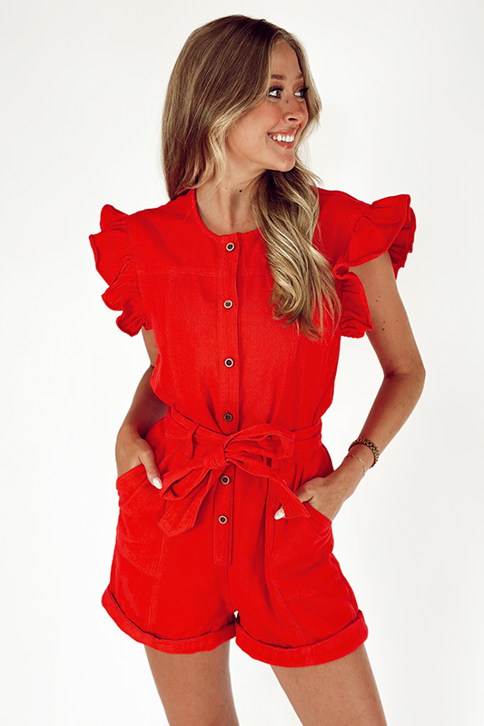 Rally Time Belted Denim Romper -Red