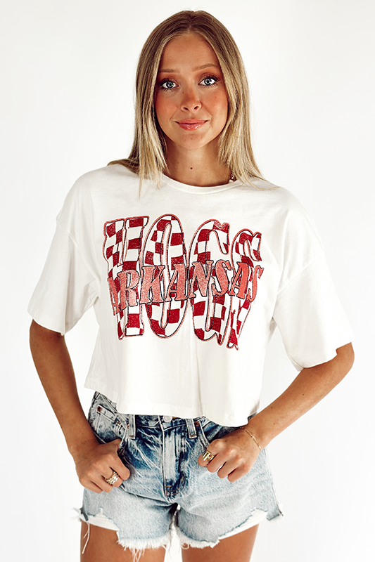 White Hogs Twisted Check Cropped Tee