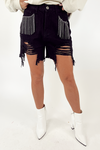 Buddy Love: Elvis Crystal Fringe Denim Shorts -Black